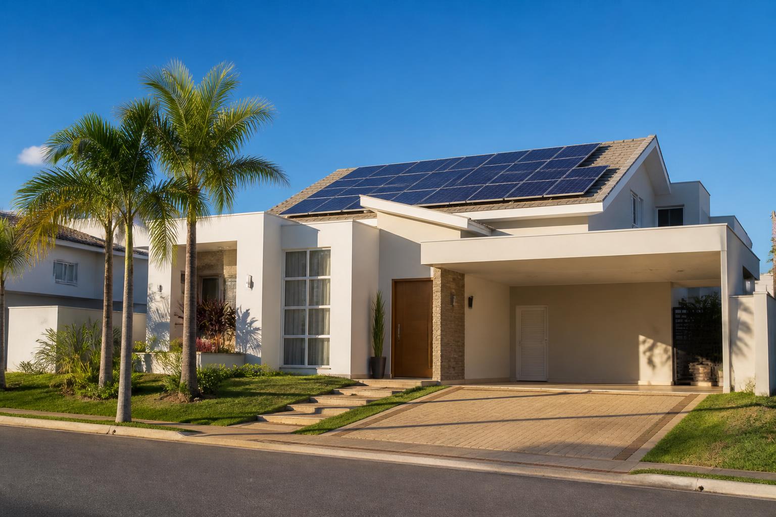 Residência brasileira moderna com painéis solares fotovoltaicos instalados no telhado